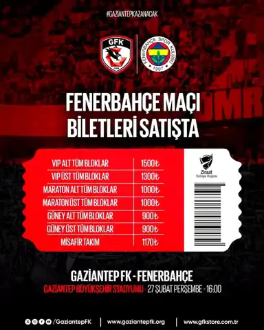 Gaziantep FK - Fenerbahçe Maçı Biletleri Satışta!